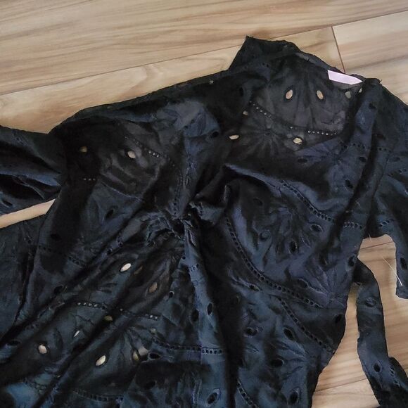 Handmade One Shoulder Puff Sleeve Floral Eyelet Wrap Midi Dress in Black - Picture 6 of 10